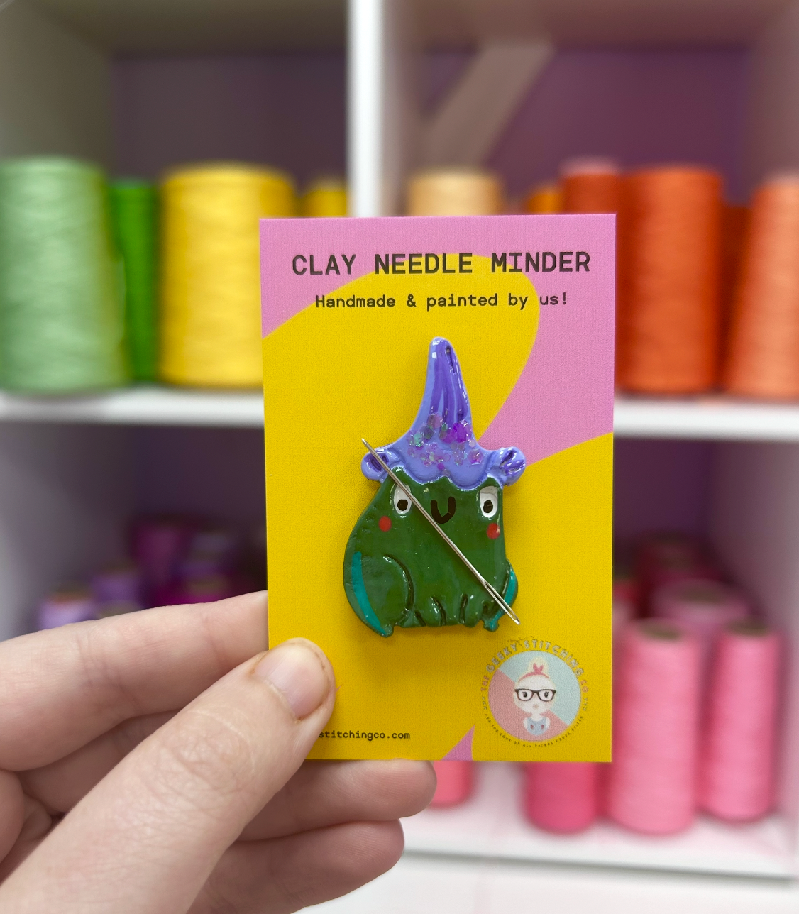 Handmade Clay needle Minder (Froggy with Bluebell Hat)