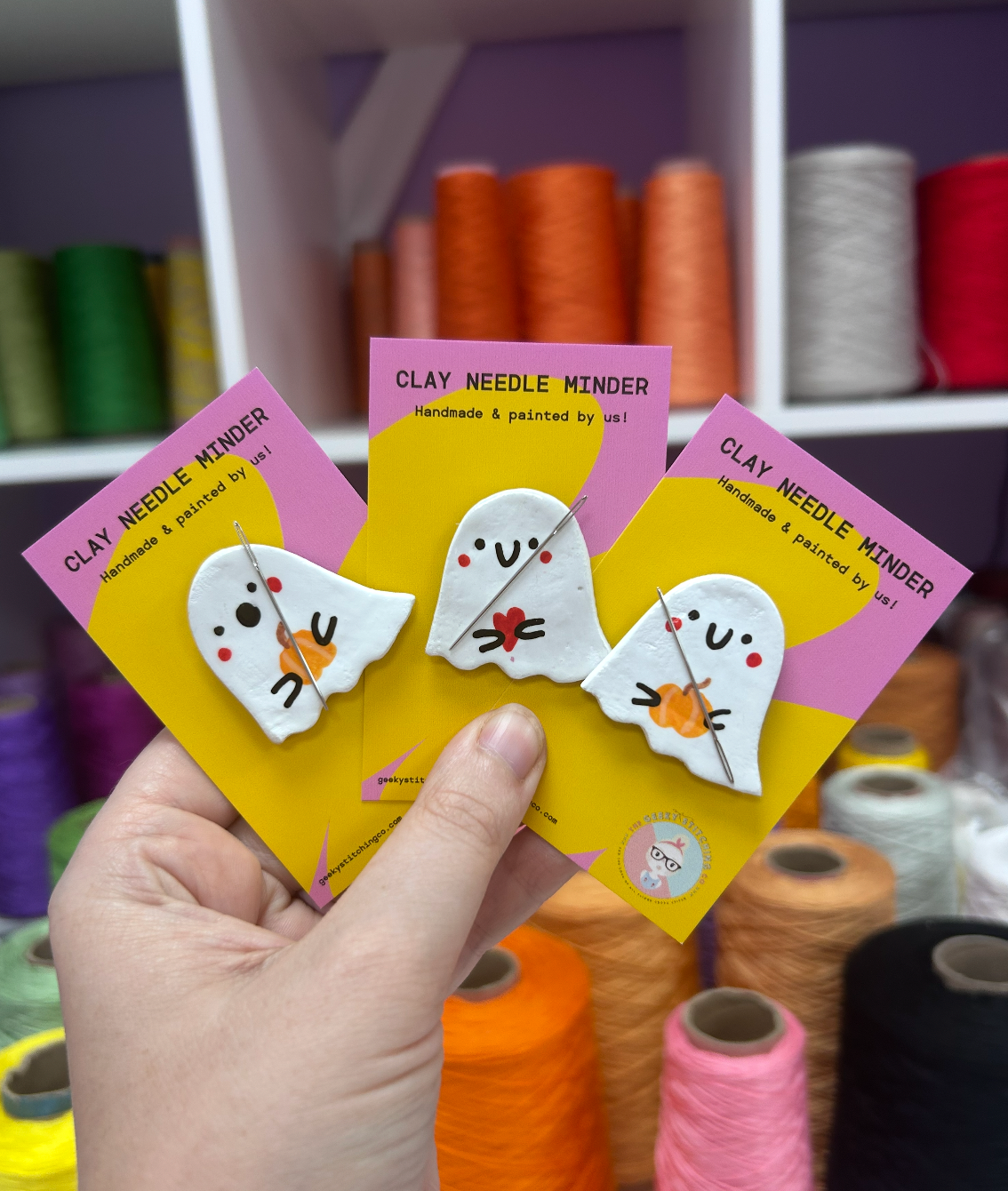 Handmade Clay needle Minder (Surprised Ghost with Pumpkin)