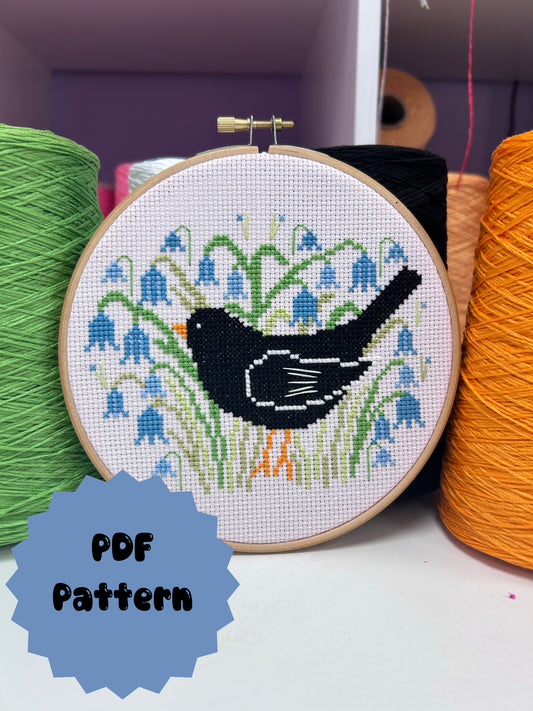 Blackbird amongst Bluebells 'Cross Stitch Pattern'