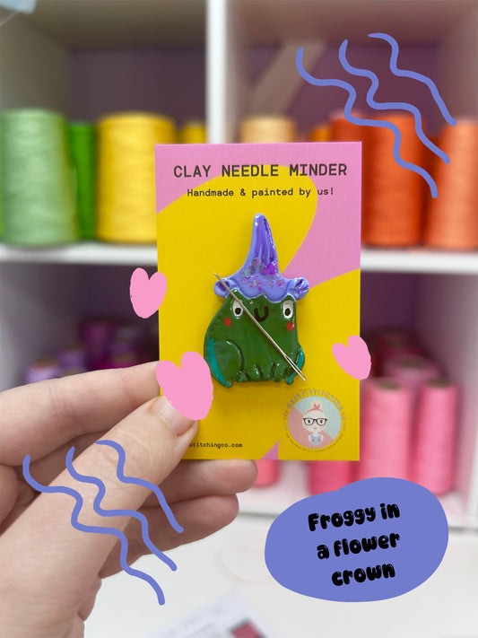 Handmade Clay needle Minder (Froggy with Bluebell Hat)
