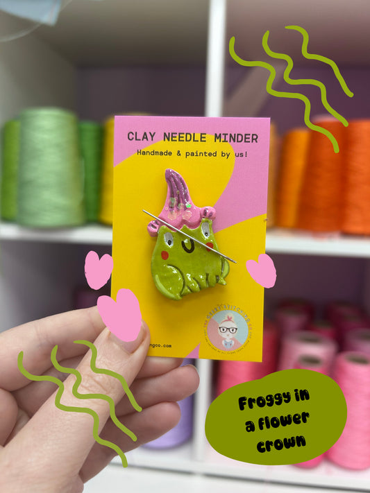 Handmade Clay needle Minder (Froggy with pink flower Hat)