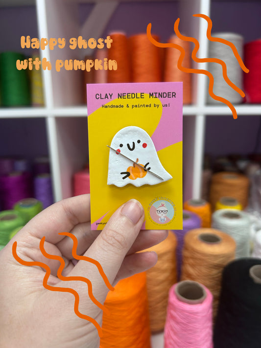 Handmade Clay needle Minder (Happy Ghost with Pumpkin)