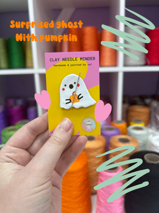 Handmade Clay needle Minder (Surprised Ghost with Pumpkin)