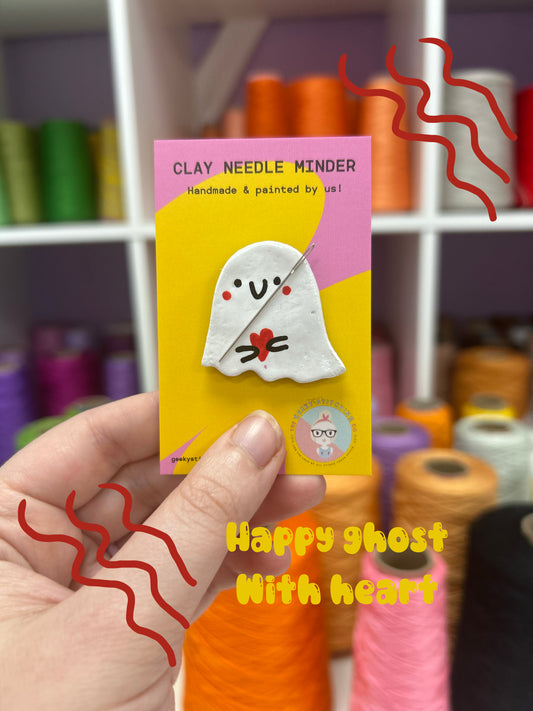 Handmade Clay needle Minder (Happy Ghost with Heart)