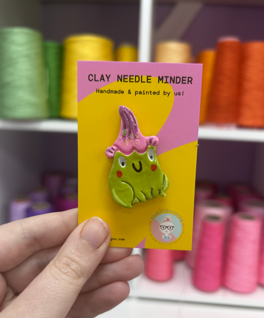 Handmade Clay needle Minder (Froggy with pink flower Hat)